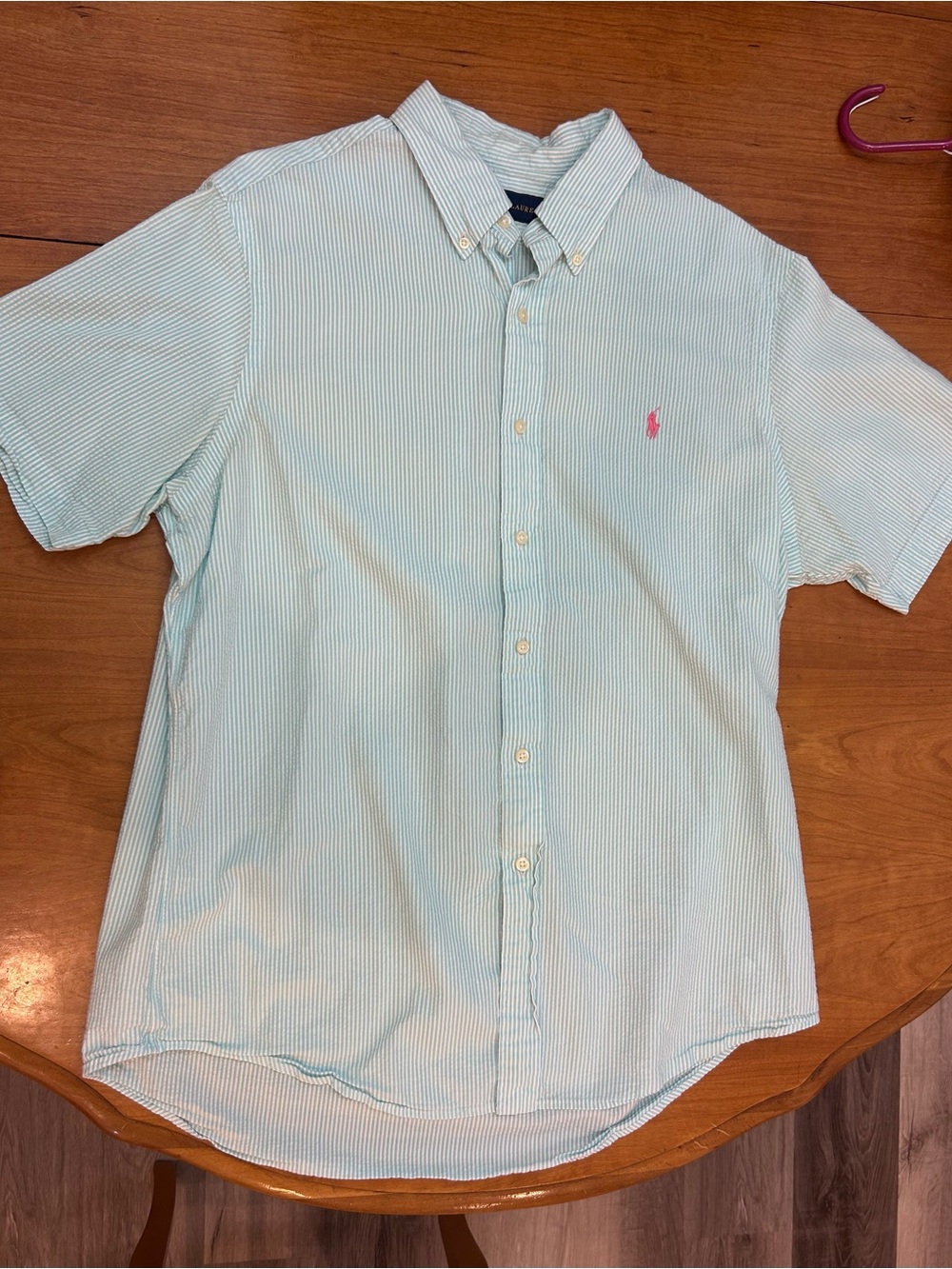 Ralph Lauren Light Blue Striped Short Sleeve Button-Down Shirt with Pink Logo